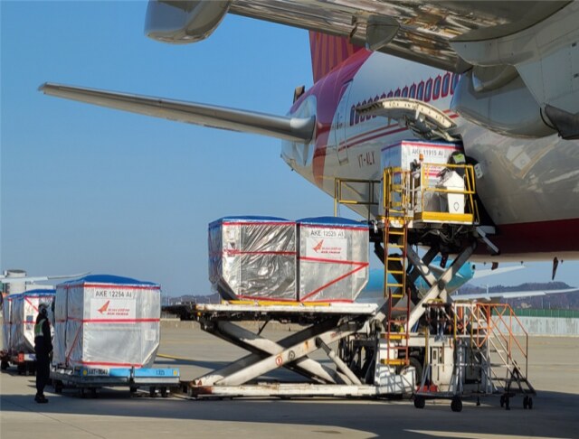 ULD build-up being loaded onto a widebody freighter at Incheon airport